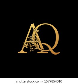 Golden Letter A, Q, AQ Luxury  Logo Icon, vintage design concept floral leaves with letter  A adn Q, AQ gold color for initial, luxuries business, hotel, wedding service and more brand identity.