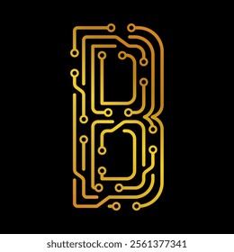 Golden Letter B with Electronic Circuit Lines and Dots on a Black Background, Suitable for Technology and Communication Concepts