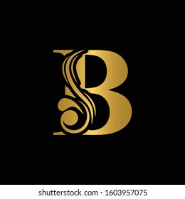 Golden letter B. Gold flower alphabet.  Beautiful golden capital letters with shadow
