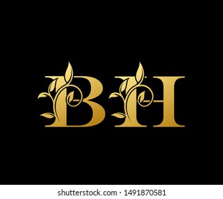 Golden letter B and H, BH, luxury letter logo icon.