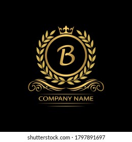 Golden Letter B laurel wreath template logo Luxury gold letter with crown. Monogram alphabet . Beautiful royal initials letter.	