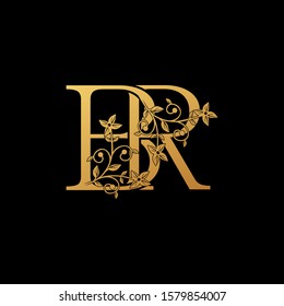 Golden Letter B, R, BR Luxury  Logo Icon, vintage design concept floral leaves with letter  B adn R, BR gold color for initial, luxuries business, hotel, wedding service and more brand identity.