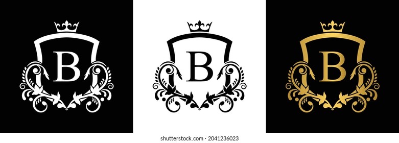 Golden Letter B template logo Luxury shield letter with crown. Monogram alphabet . Beautiful royal initials letter.