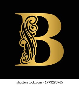 Golden  letter B. Vintage flower initial letters.   Logo vector 
 Alphabet.