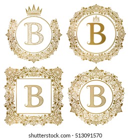 Golden letter B vintage monograms set. Heraldic coats of arms, round and square frames.