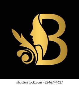 golden letter B woman face vector template logo beauty salon 