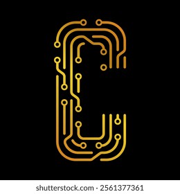 Golden Letter C with Electronic Circuit Lines and Dots on a Black Background, Suitable for Technology and Communication Concepts