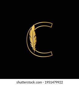 golden  letter C. feather letters. Vintage ornament initial Alphabet. Logo vector  