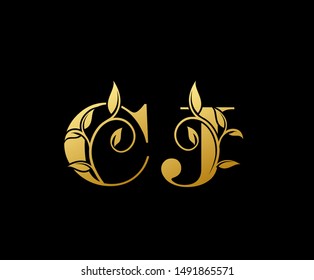 Golden letter C and J, CJ, luxury letter logo icon.