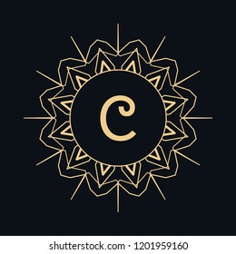 Golden letter C and round ornament, monogram frame border, line art icon. Vector floral geometric motif. Isolated design element for brochure, invitation or business card, logo, emblem. Gold and black