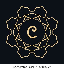 Golden letter C and round ornament, monogram frame border, line art icon. Vector floral geometric motif. Isolated design element for brochure, invitation or business card, logo, emblem. Gold and black