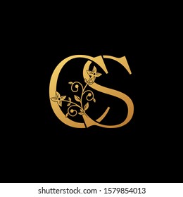 Golden Letter C, S, CS Luxury  Logo Icon, vintage design concept floral leaves with letter  C and  S, CS gold color for initial, luxuries business, hotel, wedding service and more brand identity.