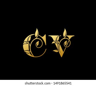 Golden letter C and V, CV, luxury letter logo icon.