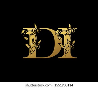 Golden letter D , I and DI  Vintage Gold Floral Logo Icon, overlapping monogram logo, elegant luxury gold color on black background. Classy Letter Logo Icon.