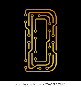 Golden Letter D with Electronic Circuit Lines and Dots on a Black Background, Suitable for Technology and Communication Concepts