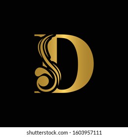 Golden letter D. Gold flower alphabet.  Beautiful golden capital letters with shadow