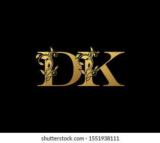 Golden letter D , K and DK  Vintage Gold Floral Logo Icon, overlapping monogram logo, elegant luxury gold color on black background. Classy Letter Logo Icon.