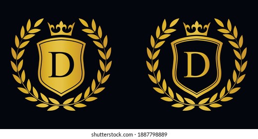 Golden Letter D laurel wreath template logo Luxury shield letter with crown. Monogram alphabet . Beautiful royal initials letter.