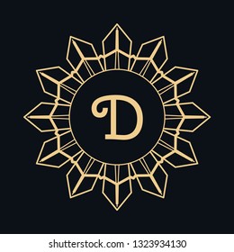 Golden letter D and round ornament, monogram frame border, line art icon. Vector floral geometric motif. Isolated design element for brochure, invitation or business card, logo, emblem. Gold and black