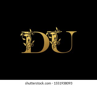 Golden letter D , U and DU  Vintage Gold Floral Logo Icon, overlapping monogram logo, elegant luxury gold color on black background. CLassy Letter Logo Icon.