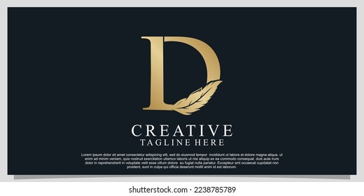 Golden letter D with unique feather combination logo design Premium Vector