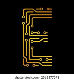 Golden Letter E with Electronic Circuit Lines and Dots on a Black Background, Suitable for Technology and Communication Concepts