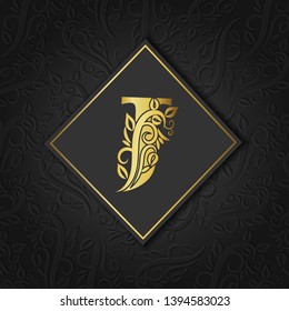 Golden letter E with elegant floral contour isolated on colorful separate background. Premium letter J or background great for logo, monogram, invitation, flyer, menu, brochure, card, cover, fashion.