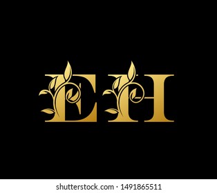 Golden letter E and H, EH, luxury letter logo icon.