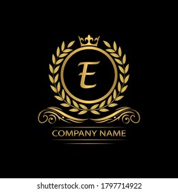 Golden Letter E laurel wreath template logo Luxury gold letter with crown. Monogram alphabet . Beautiful royal initials letter.	