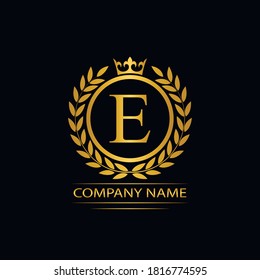 Golden Letter E laurel wreath template logo Luxury gold letter with crown. Monogram alphabet . Beautiful royal initials letter.	
