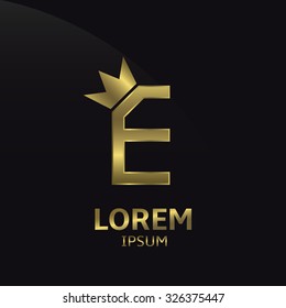 Golden letter E logo with crown. Luxury royal business concept