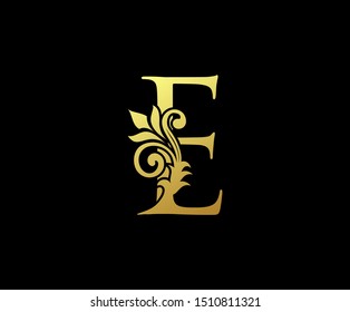 Golden Letter E Logo Icon . Initial Letter E Design Vector Luxury Gold Color.Print monogram initials stamp sign symbol.