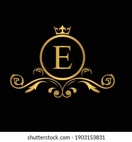 Golden letter E logo Luxury letter with crown.  Monogram alphabet . Beautiful royal initials letter. template logo for design 
