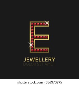 Golden Letter E logo with red precious stones. Luxury, royal concept. Vector illustration