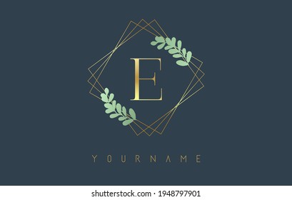 Golden Letter E Logo With golden square frames and green leaf design. Creative vector illustration with letter E  for beauty, fashion, jewelry, luxury, natural products or eco services.