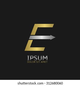 Golden Letter E logo template with silver arrow