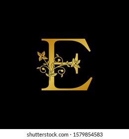 Golden Letter E Luxury  Logo Icon, vintage design concept floral leaves with letter E gold color for initial, luxuries business, hotel, wedding service and more brand identity.