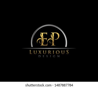 Golden letter E and P, EP, VINTAGE decorative ornament emblem badge, overlapping monogram logo, classy letter logo icon.