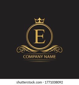 Golden letter E template  logo Luxury letter with crown.  Monogram alphabet . Beautiful royal initials letter.