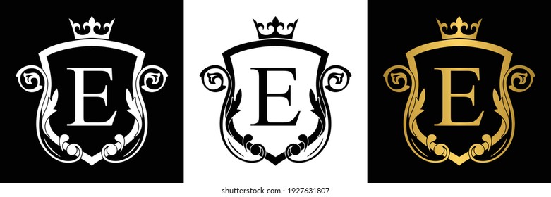 Golden Letter E template logo Luxury shield letter with crown. Monogram alphabet . Beautiful royal initials letter.