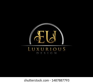 Golden letter E and U, EU, VINTAGE decorative ornament emblem badge, overlapping monogram logo, classy letter logo icon.