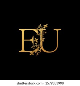 Golden Letter E, U, EU Luxury  Logo Icon, vintage design concept floral leaves with letter  E and U, EU gold color for initial, luxuries business, hotel, wedding service and more brand identity.