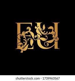 Golden Letter E and U, EU luxury Initial logo icon, gold vintage design template with tropical nature leaves ornamet.