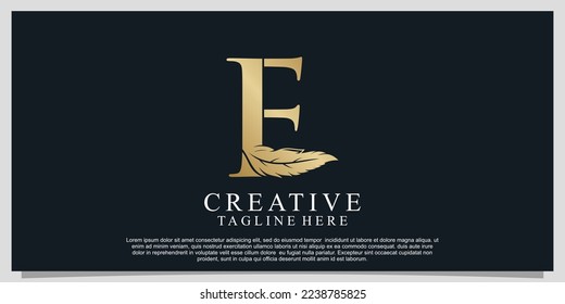 Golden letter E with unique feather combination logo design Premium Vector