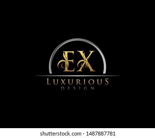 Golden letter E and X, EX, VINTAGE decorative ornament emblem badge, overlapping monogram logo, classy letter logo icon.
