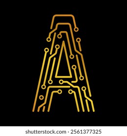 Golden Letter A with Electronic Circuit Lines and Dots on a Black Background, Suitable for Technology and Communication Concepts