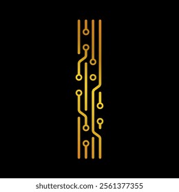 Golden Letter I with Electronic Circuit Lines and Dots on a Black Background, Suitable for Technology and Communication Concepts