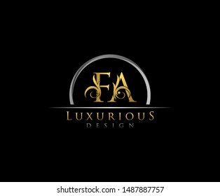 Golden letter F and A, FA, VINTAGE decorative ornament emblem badge, overlapping monogram logo, classy letter logo icon.