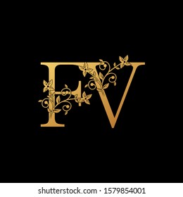 Golden Letter F, E, FE Luxury  Logo Icon, vintage design concept floral leaves with letter  F and E, FE gold color for initial, luxuries business, hotel, wedding service and more brand identity.