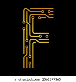 Golden Letter F with Electronic Circuit Lines and Dots on a Black Background, Suitable for Technology and Communication Concepts